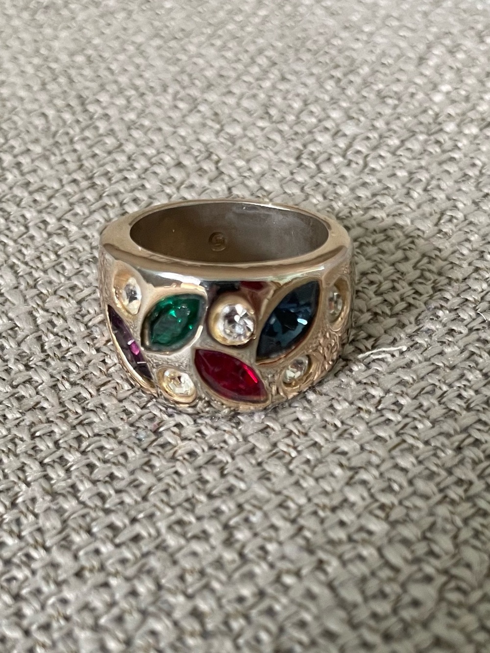 Gold Plated Multi-Stone Dome Ring with Red, Green, Purple,Blue and Clear Stones